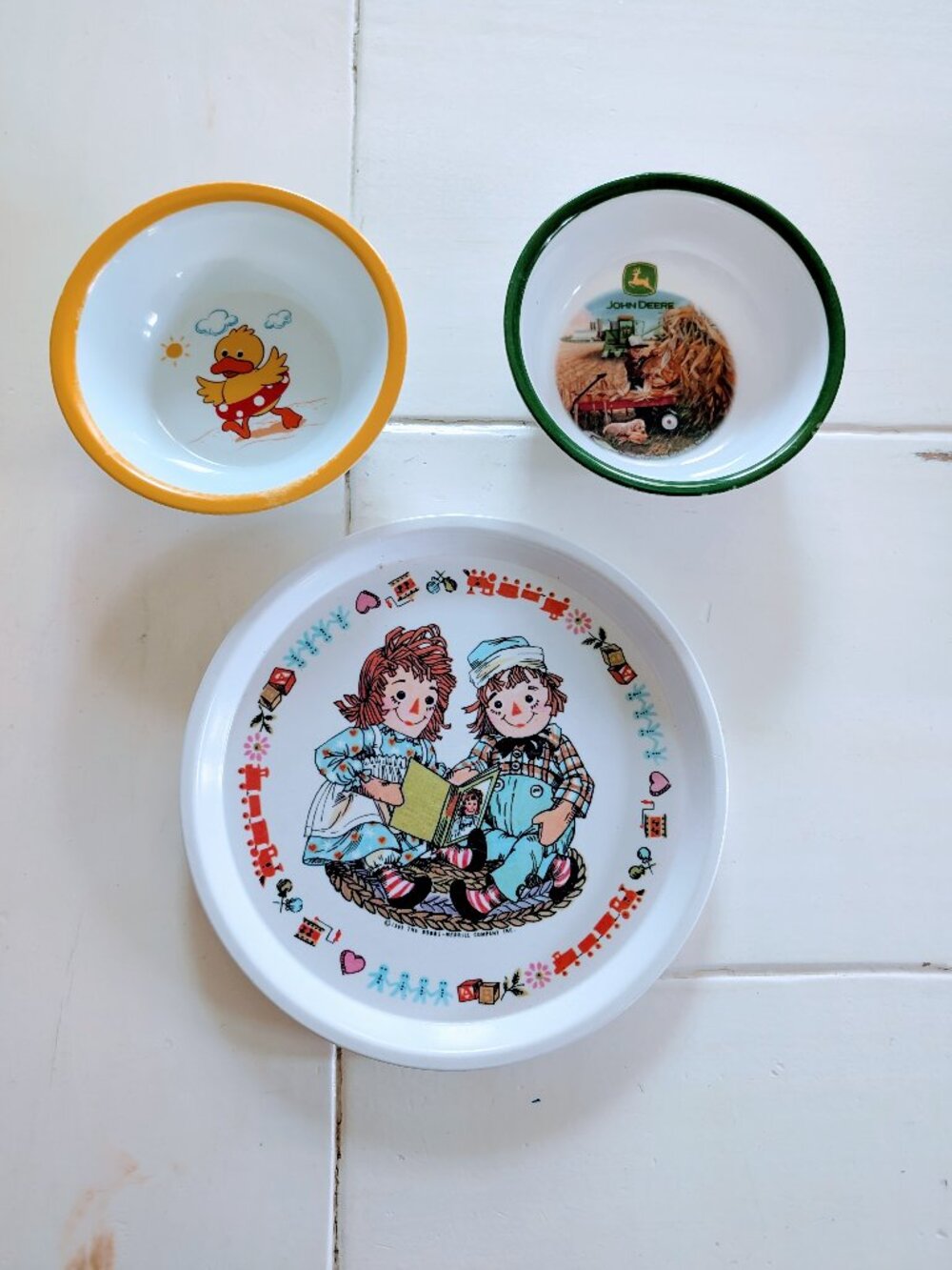 VTG Kids Melamine Dinnerware Set 3 Piece Raggedy Ann John Deere Duck Bowl 60s